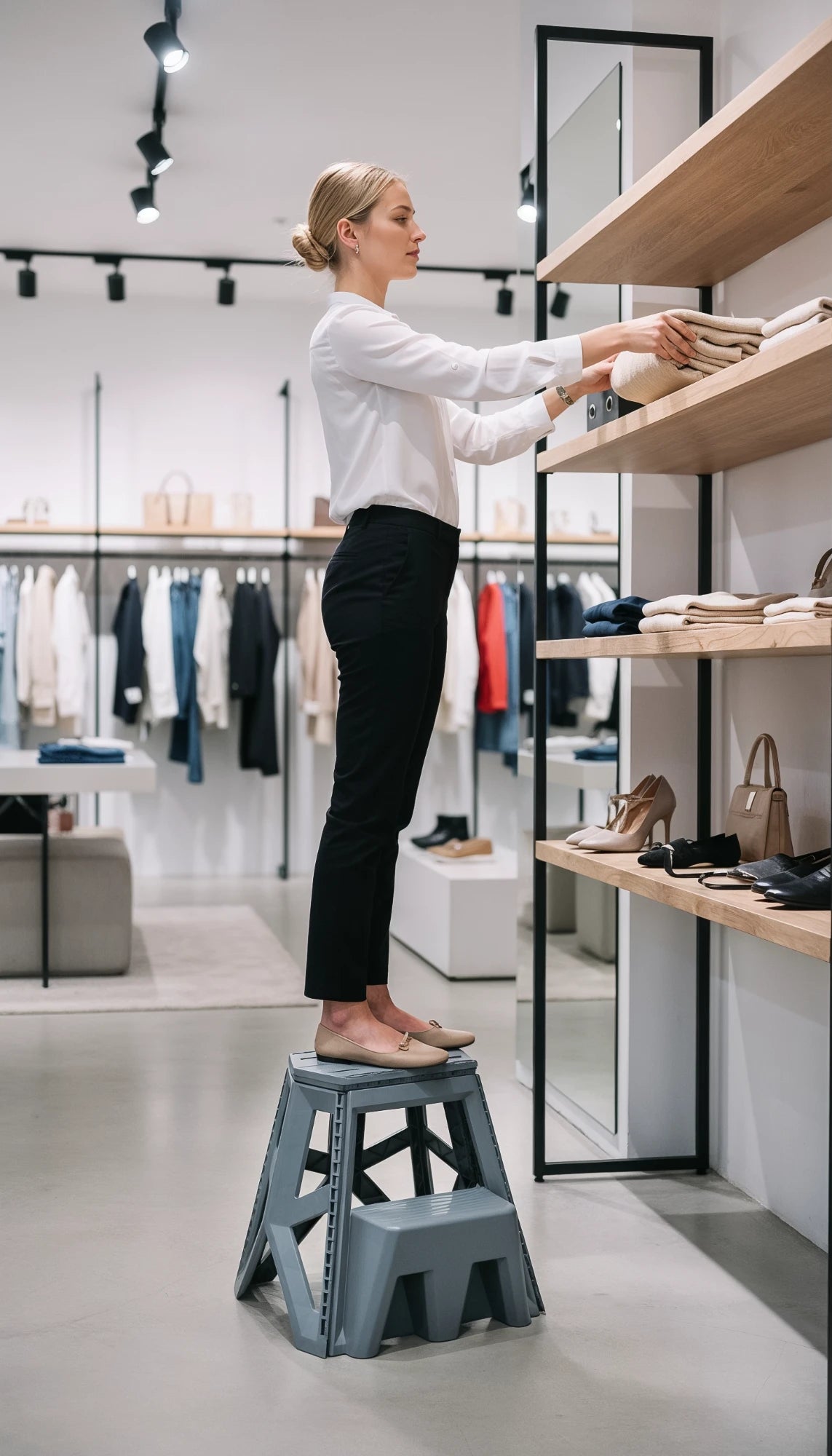 SMART STEP grigio in negozio: sgabello pieghevole per raggiungere gli scaffali